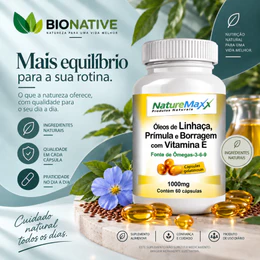 Linhaça Dourada Prímula Borragem Vitamina E Ômegas-3-6-9 ÓleoBio Softgel 1000mg 60 Cápsulas - Menopausa - BIONATIVE