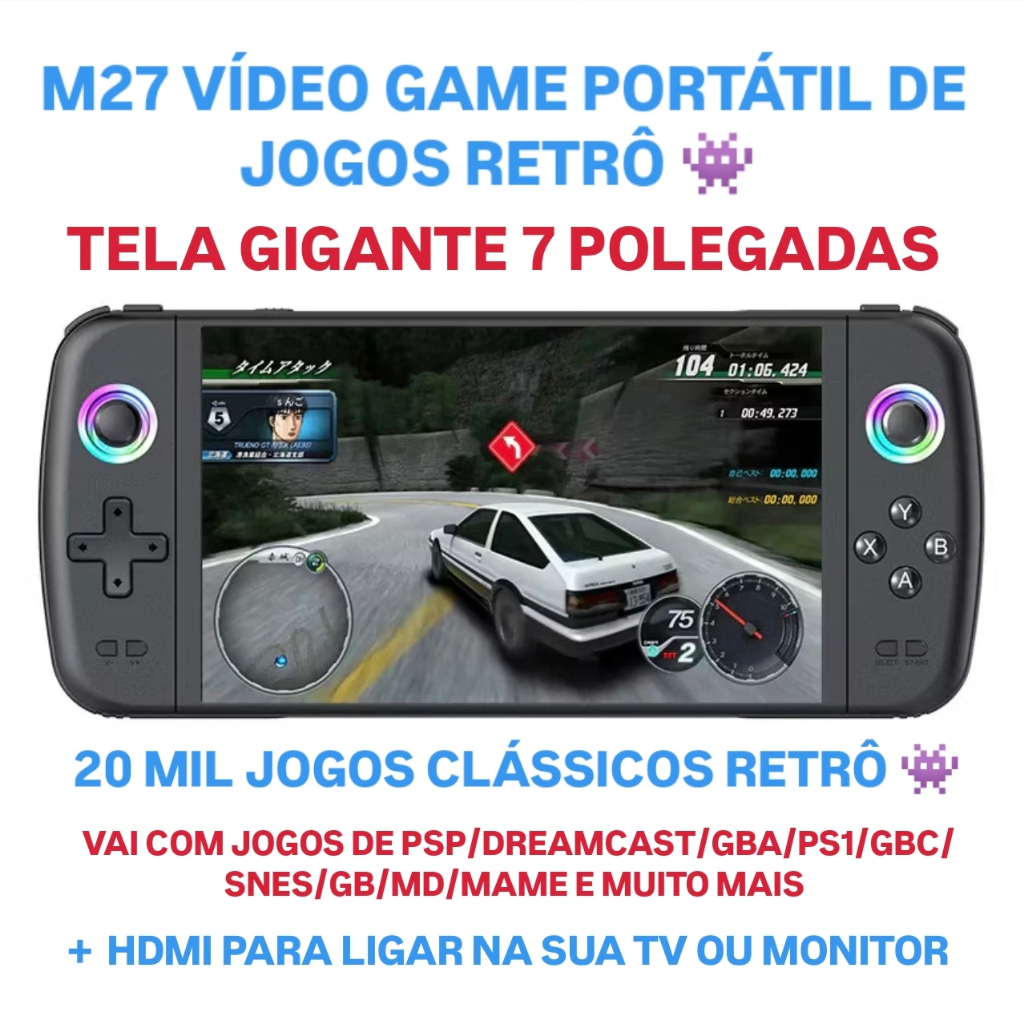M27 Console de Jogo Portátil com Tela IPS de 7 Polegadas com 20 Mil Jogos Led RGB Lightning Retro Video Game Portatil