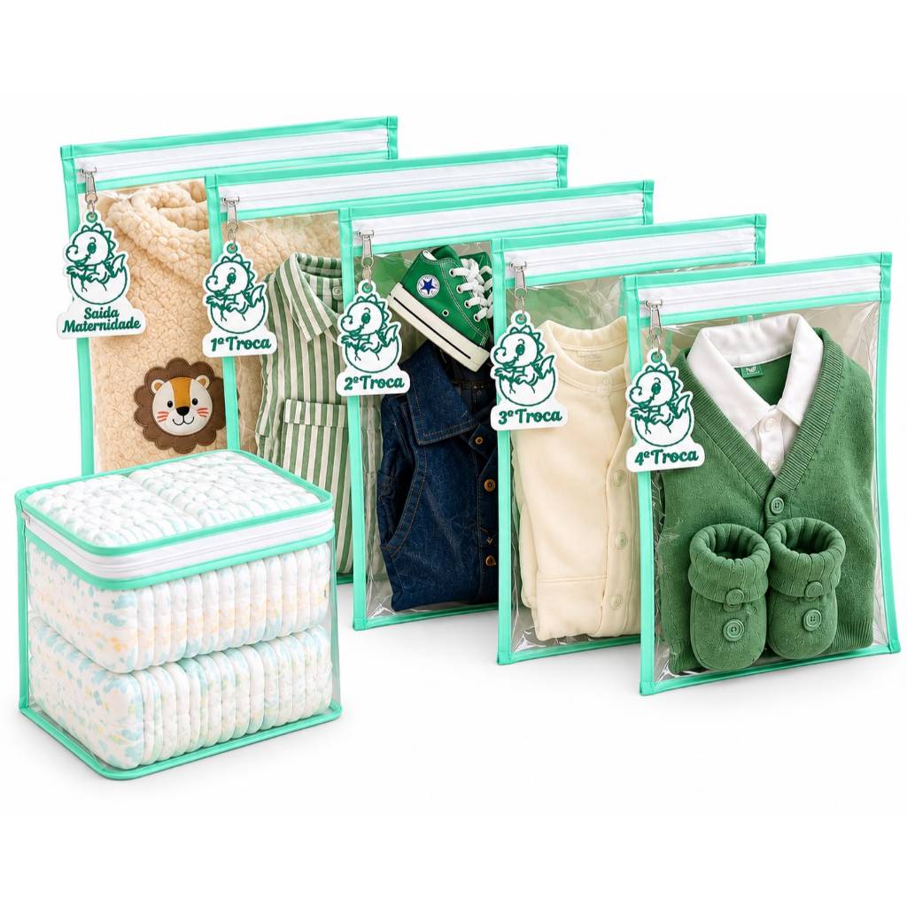 Kit Organizador Mala Maternidade Bebê Completo 5 Saquinhos + Tags Bordadas + Porta Fralda Luxo