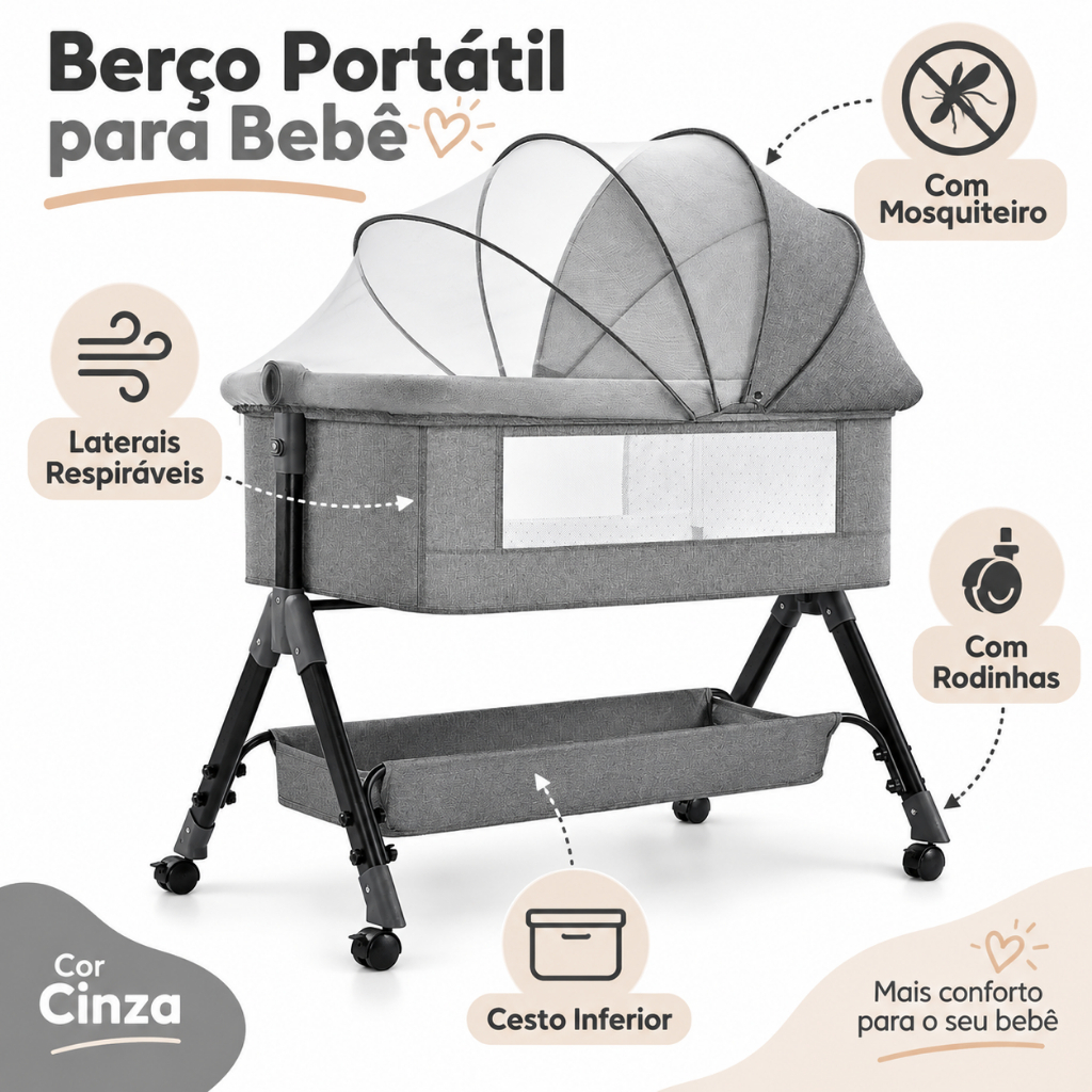 Berço Portátil 3 em 1 para Bebê com Trocador Mosquiteiro Colchão e Rodas
