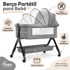 Berço Portátil 3 em 1 para Bebê com Trocador Mosquiteiro Colchão e Rodas