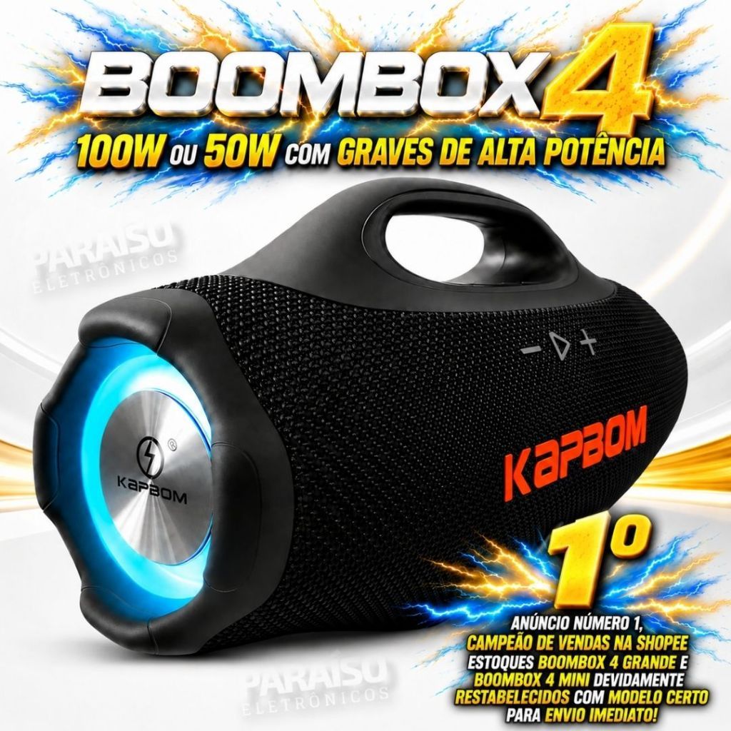 BOOMBOX 4 Caixa de Som POTENTE 100W / 50W RMS Portátil Bluetooth Rádio FM TWS AUX Prova D' Água