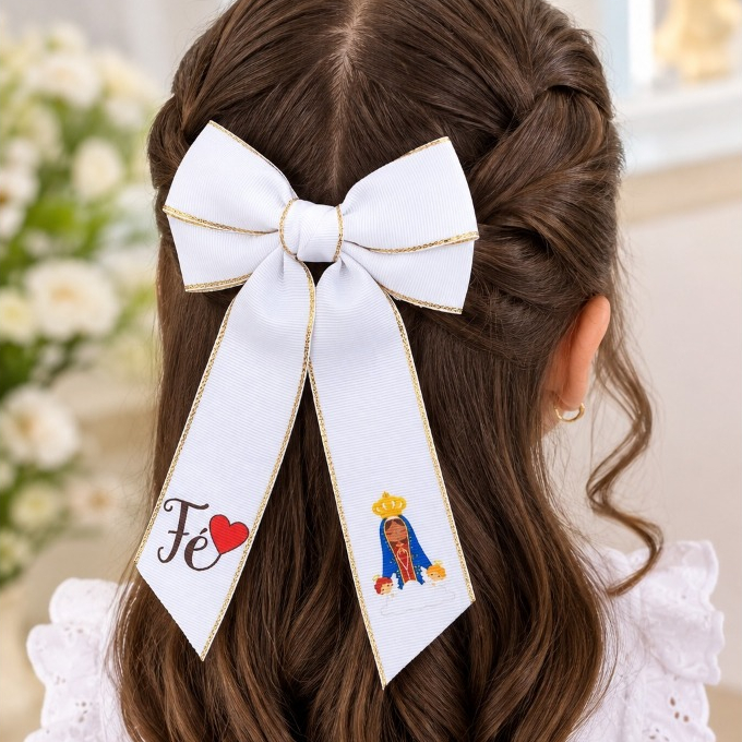Laço de Cabelo Religioso com Pontas Jesus Nossa Senhora Aparecida