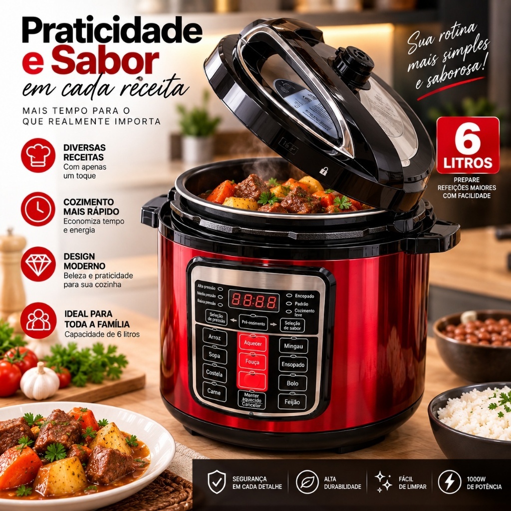 Imagem Panela Elétrica Digital 6 Litros Pressão Multifuncional com Timer 220volts e 127 volts