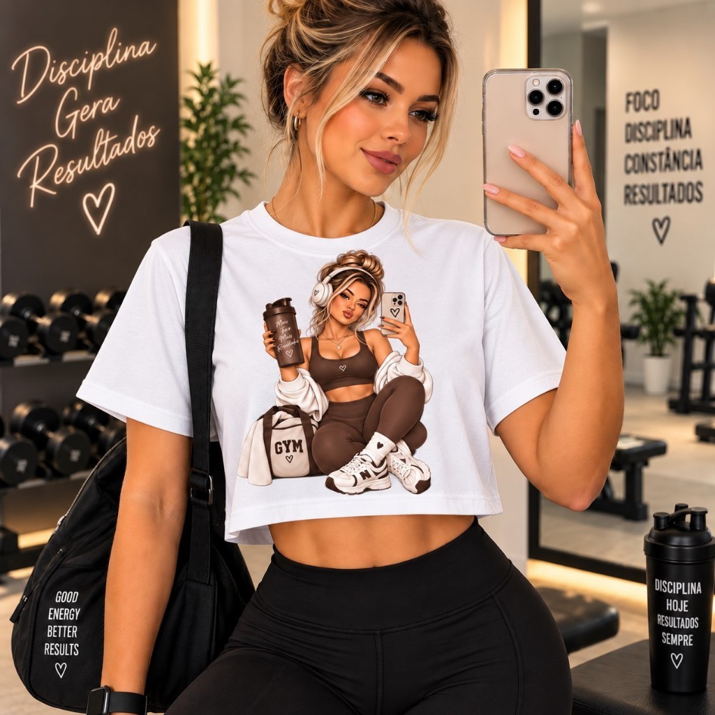 Cropped Feminino Fitness 100% Algodão Manga Curta Estampado Academia Casual Confortável Blusa Feminina