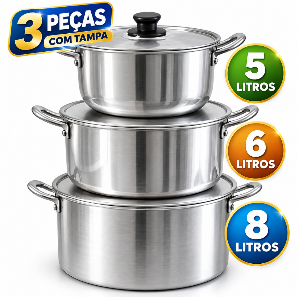 Jogo de Panelas Caçarolas Alumínio 3 Peças com Tampa 5L 6L 8L Feijoada Caldos