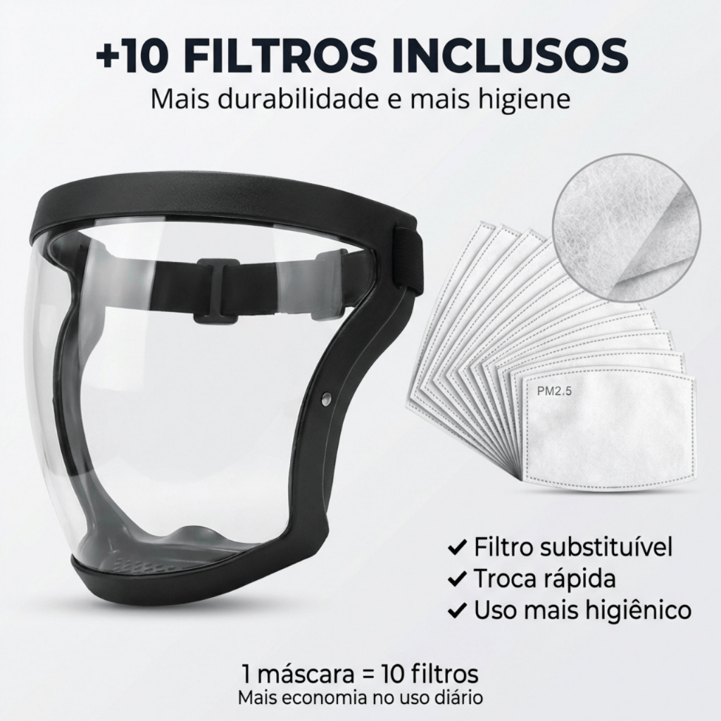 Máscara Protetora Facial Tamanho Grande Anti Poeira Com 10 Filtros PM 2.5 Para Saúde Respiratória
