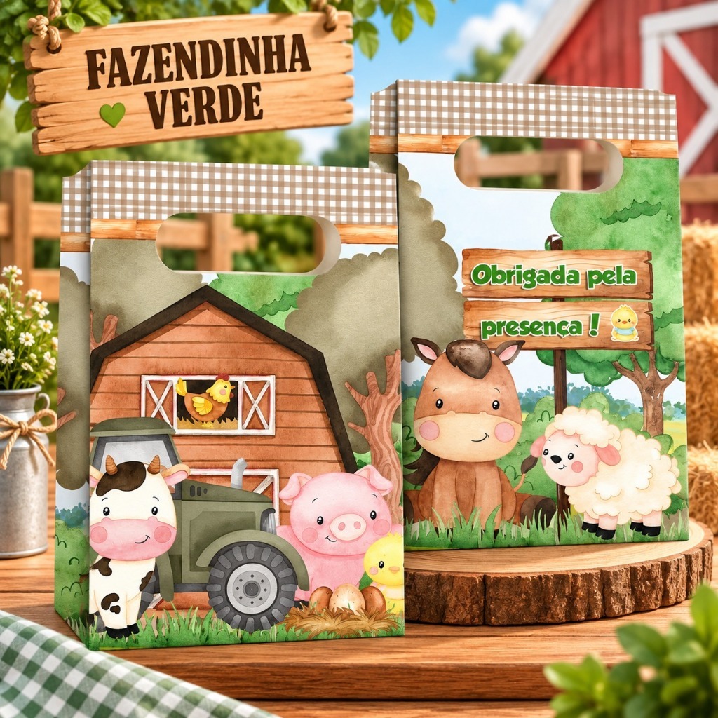 Sacolinha Surpresa Personalizada Lembrancinha Fazendinha Verde e Bege PEGUE E MONTE