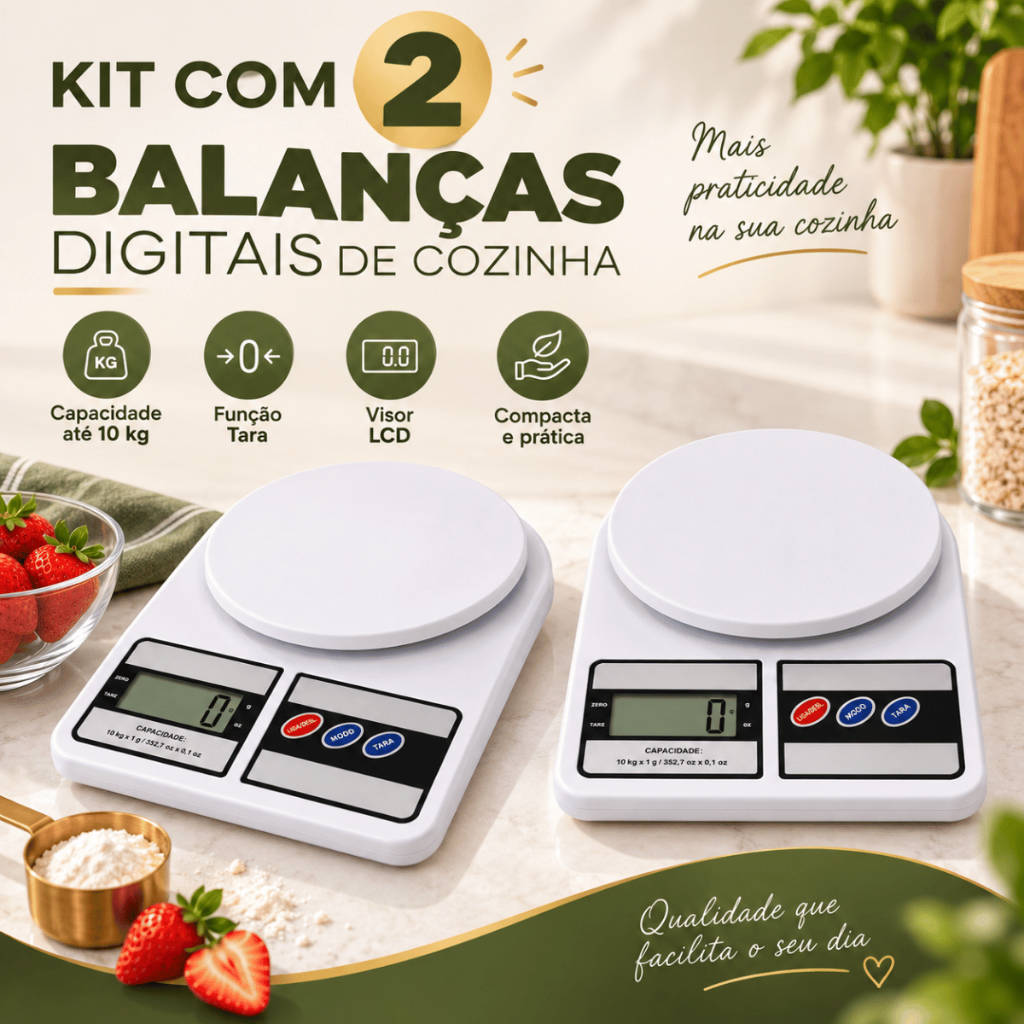 Kit Balança Cozinha Digital 10kg Alta Precisão Visor Led Eletrônica Portátil Dieta Confeitaria FULL