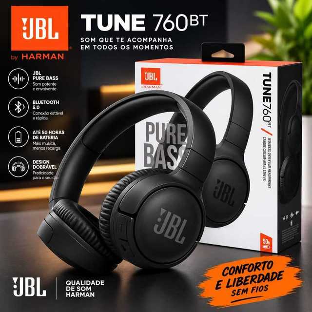 Fone de ouvido Wireless sem fio Bluetooth 760BT Microfone Pure Bass Cancelamento Ativo de Ruído Mp3