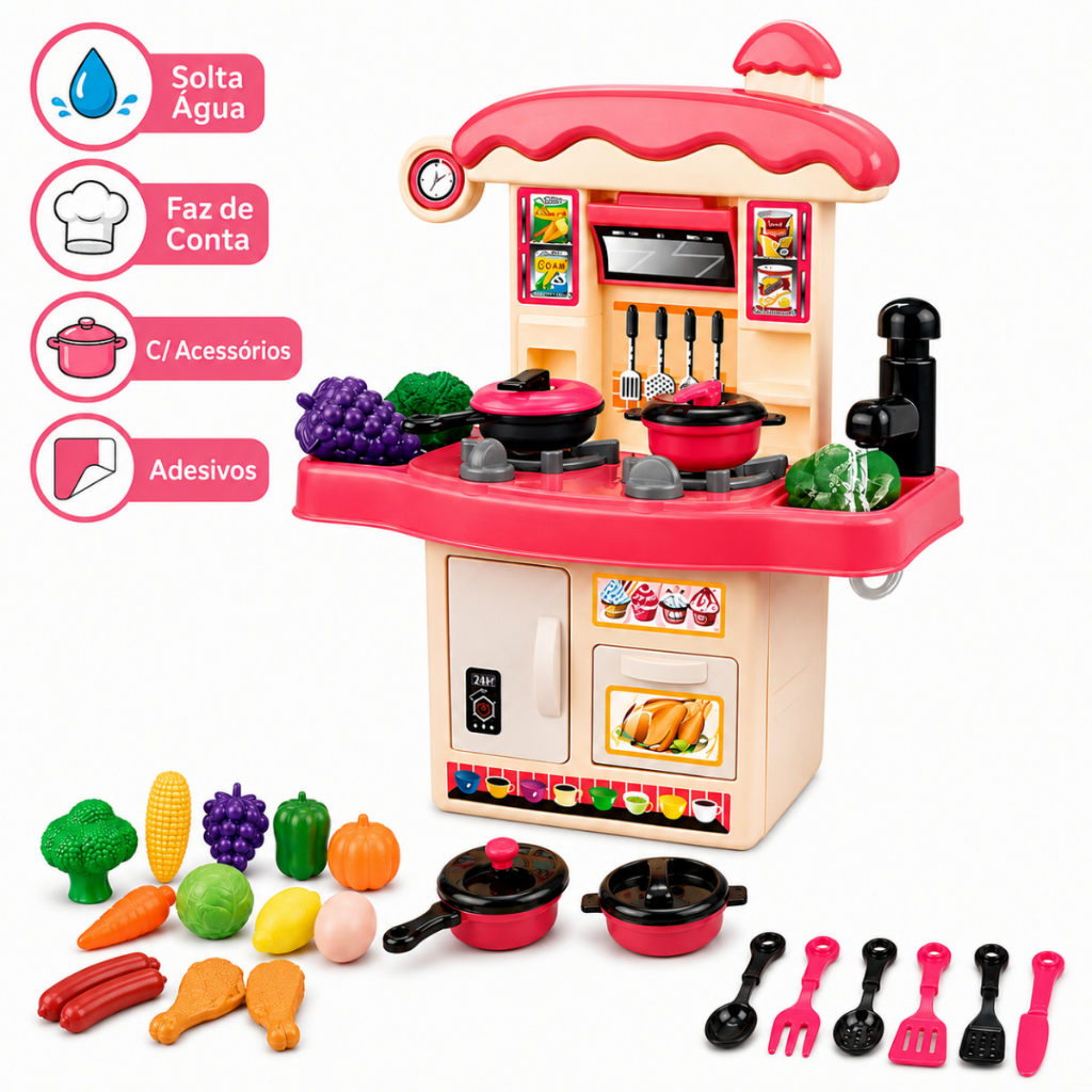 Cozinha Infantil Completa Brinquedo Rosa Panelinha Fogão