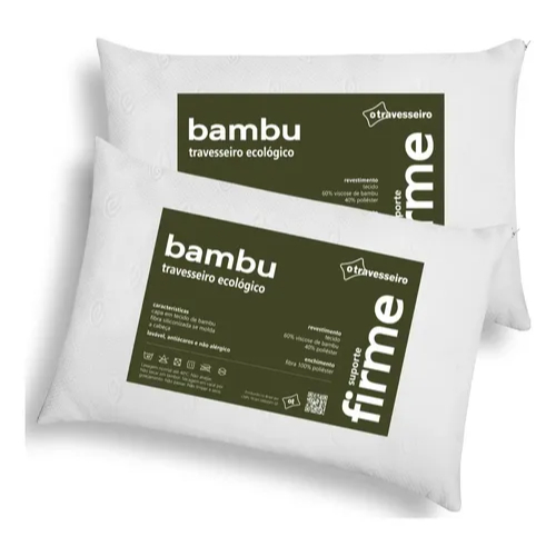 Kit 2 Travesseiros Firme Fibra de Bambu 50x70cm 100% Fibra Siliconada antialérgico Toque Macio Lavável