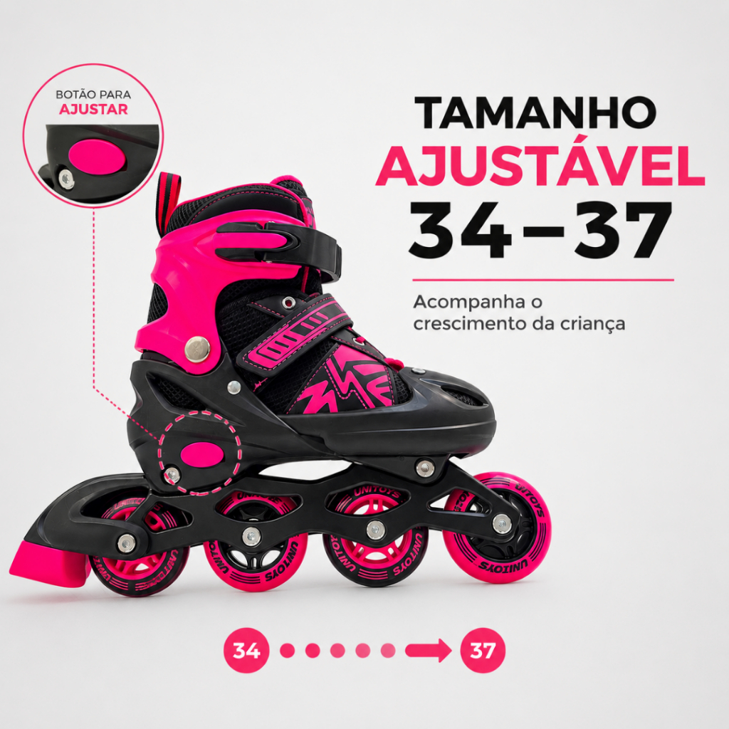 Patins Inline Ajustável Semi Profissional Infantil 4 Rodas com Freio Preto Rosa · foto 2