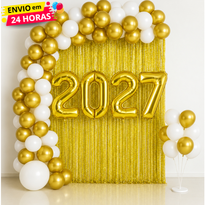 Kit Balão 2027 Dourado 70cm ou 40cm + 75 Balões + 1 Cortina Metalizada - Decoração Ano Novo Reveillon