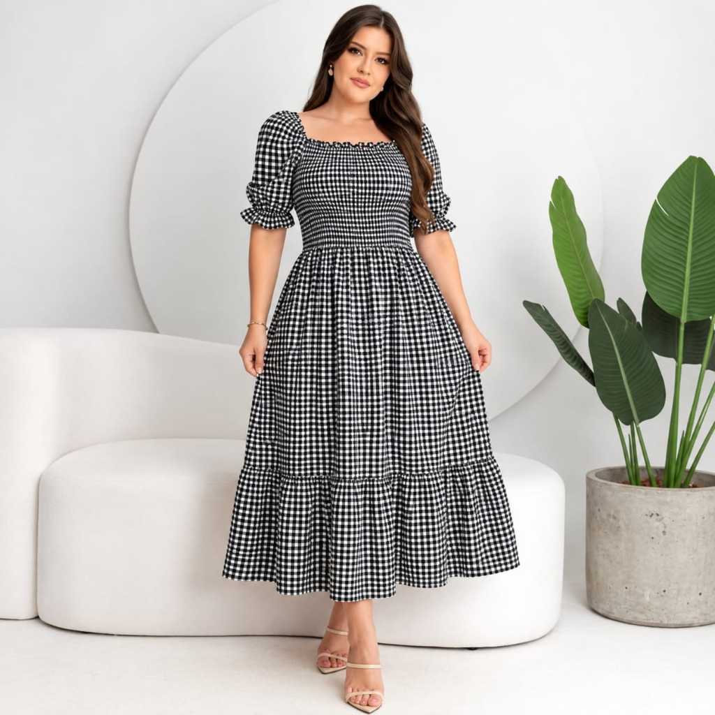 Vestido feminino Midi Xadrez Para Festa Junina com Manga Bufante y Busto Lastex
