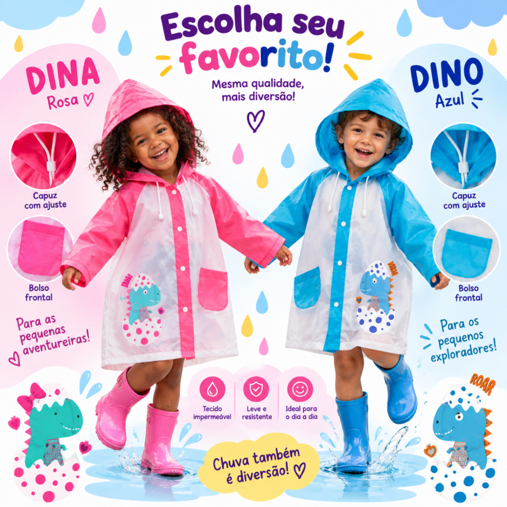 Capa De Chuva Infantil Impermeável PP P M Dino Dina