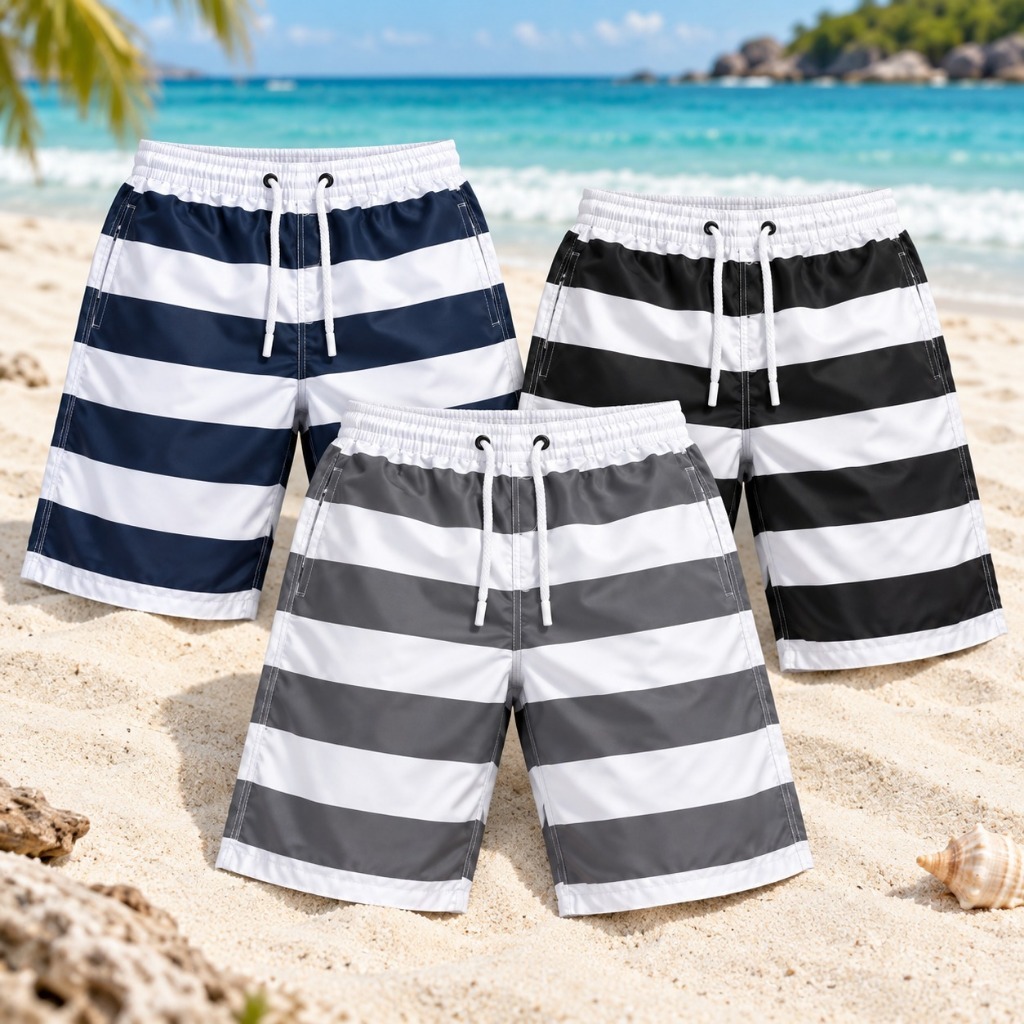 KIT 3 Bermudas Masculinas Mauricinho Com Estampa Listrada E Secagem Rápida Para Praia Lançamento 2027