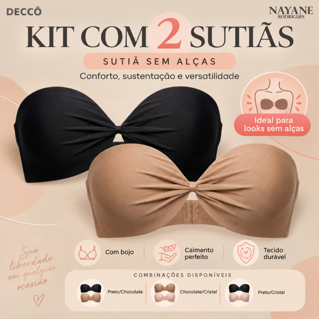 Kit Com 2 Sutia Nayane Rodrigues Tomara que Caia com Bojo e Aro Liso de Alta Sustentacao Push Up Confortavel
