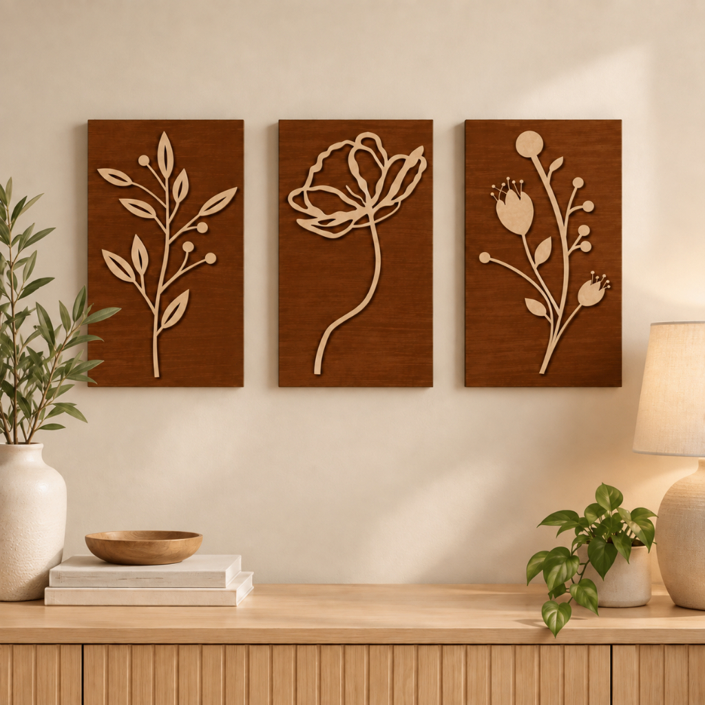 Kit 3 Quadros Com Flores Em MDF Cru Decoração Quarto Sala