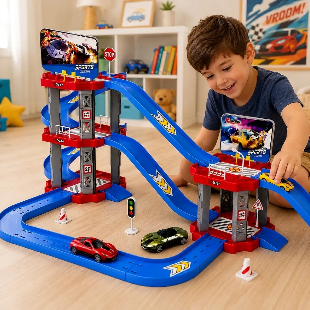 Pista De Carrinhos Infantil Com 2 Carrinhos Inclusos Rampa Em Espiral Garagem Placas Cones E Brincadeira De Corrida