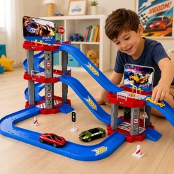 Pista De Carrinhos Infantil Com 2 Carrinhos Inclusos Rampa Em Espiral Garagem Placas Cones E Brincadeira De Corrida