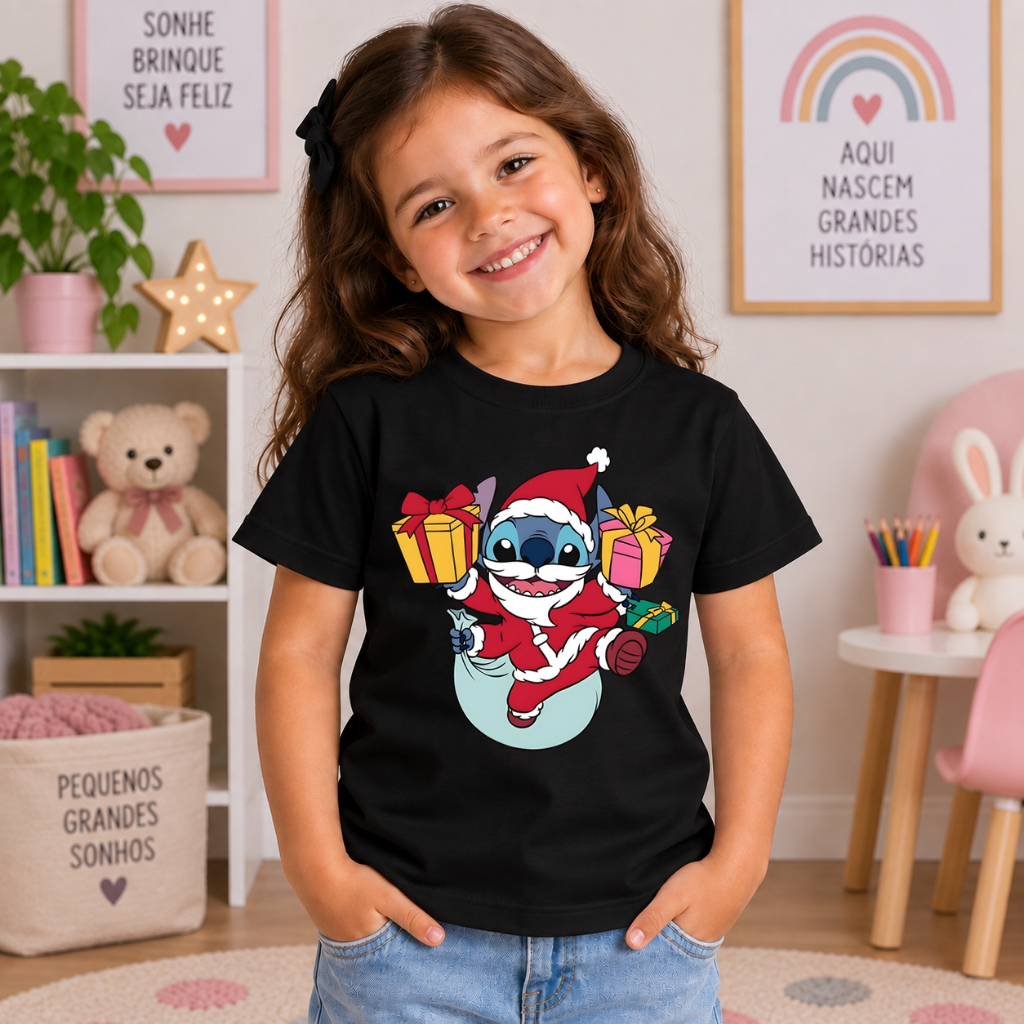 Camiseta Stitch Infantil Menina 100% Algodão Estampada DTF Premium Confortável Moda Juvenil
