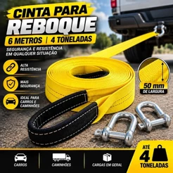 Cinta de Reboque 6m 4 Toneladas 50mm, 2 Ganchos de Aço Reforçado, para Carros e Caminhões