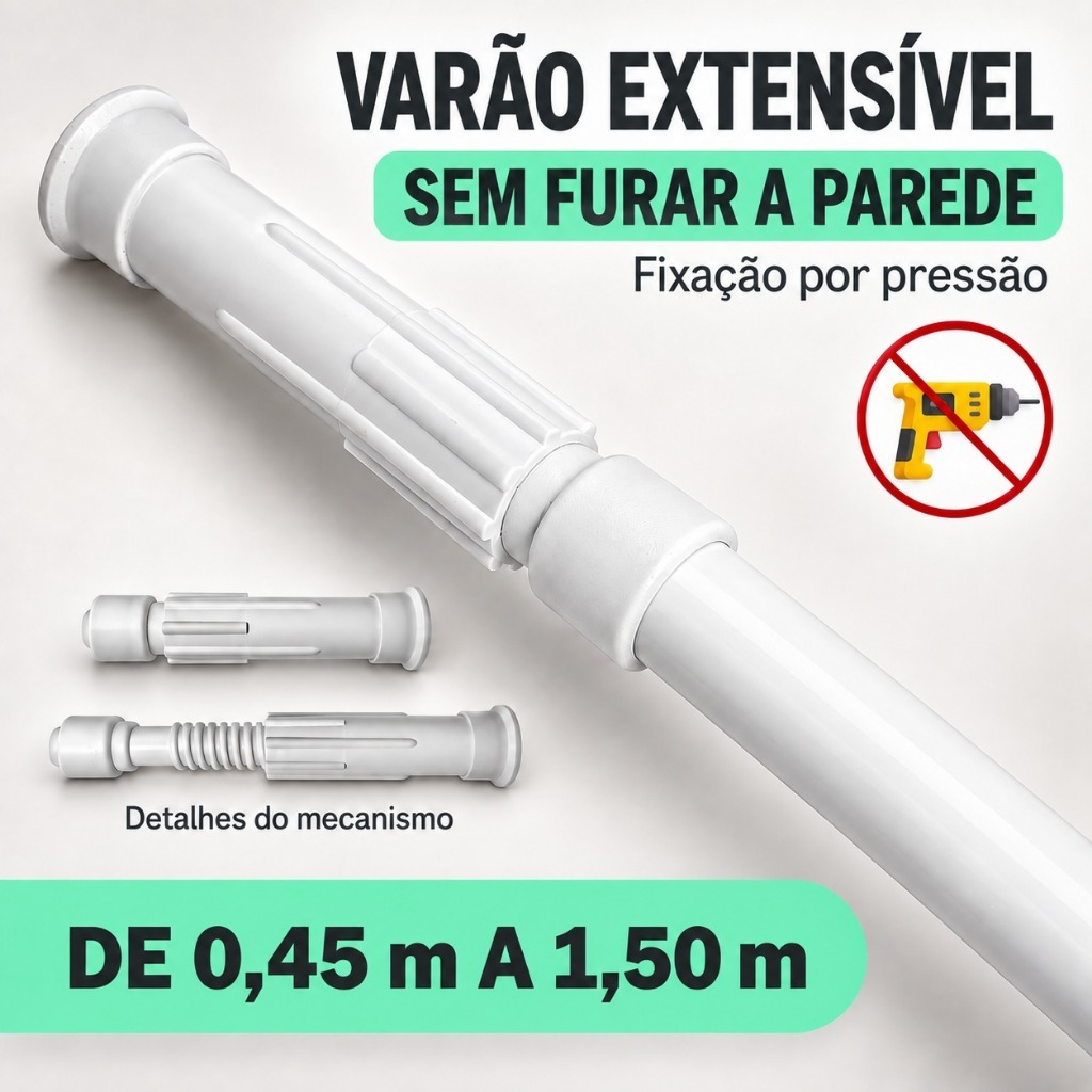Varao Extensivo de 45cm a 1,50m Sem Furo Ajustável Extensível Cortina Box Banheiro Suporte Branco
