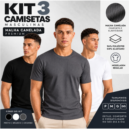 Kit 3 Camisetas Masculinas Malha Canelada Premium 96% Poliéster 4% Elastano Moda Casual masculina
