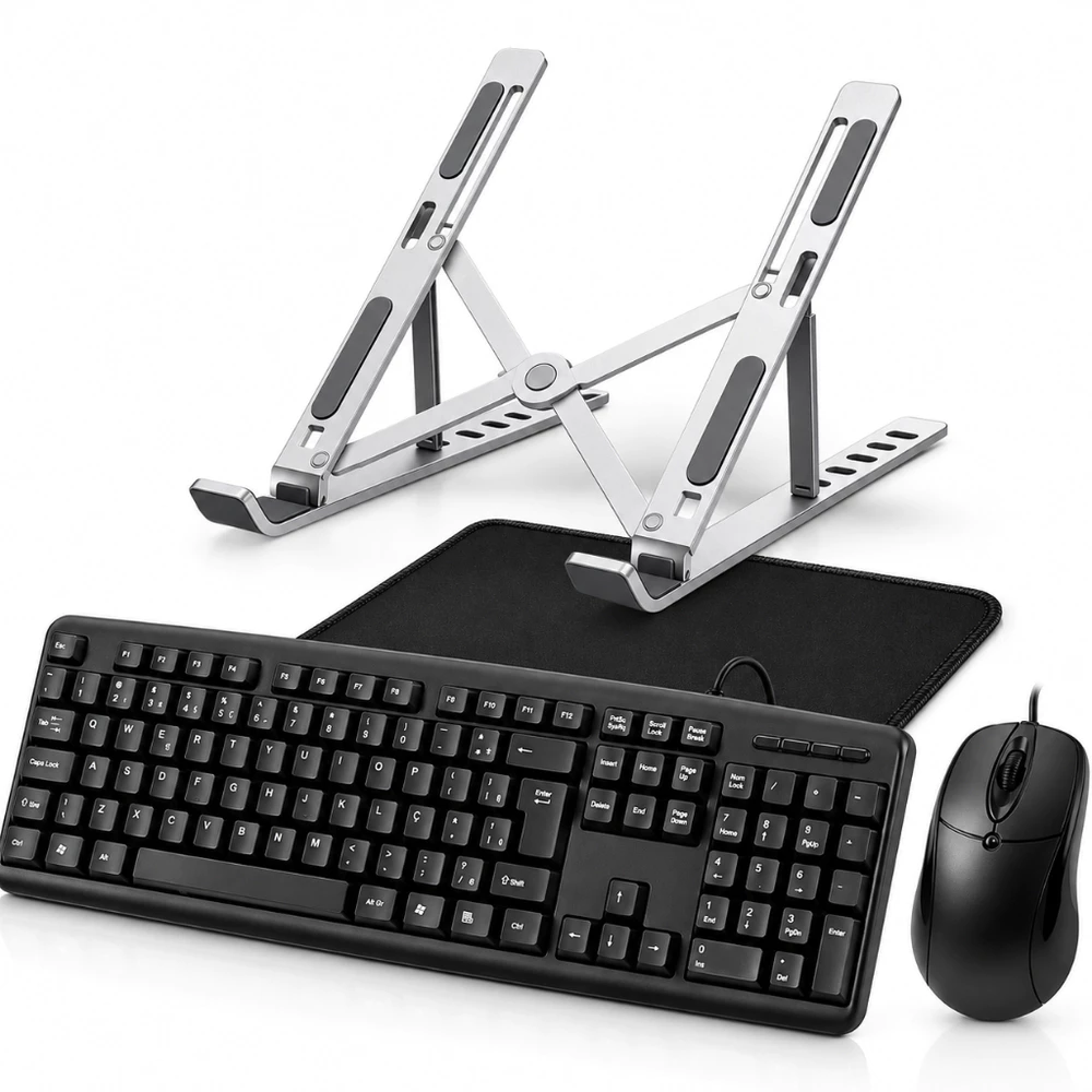 Kit Teclado E Mouse com Suporte Aluminio Para Notebook mouse pad Home Office trabalho em casa