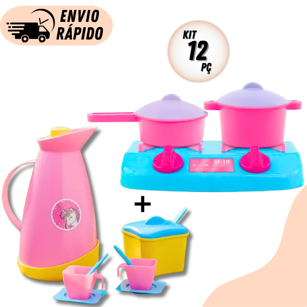 Kit 12 Peças Cozinha Rosa Infantil completa Kit Café + Panelas + Fogão Comidinhas Acessórios Hora Do Café e Comidinha