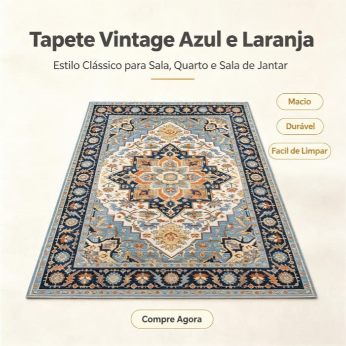 Tapete Vintage Persa 155x95cm Antiderrapante Lavável para Sala Quarto Decoração Casa