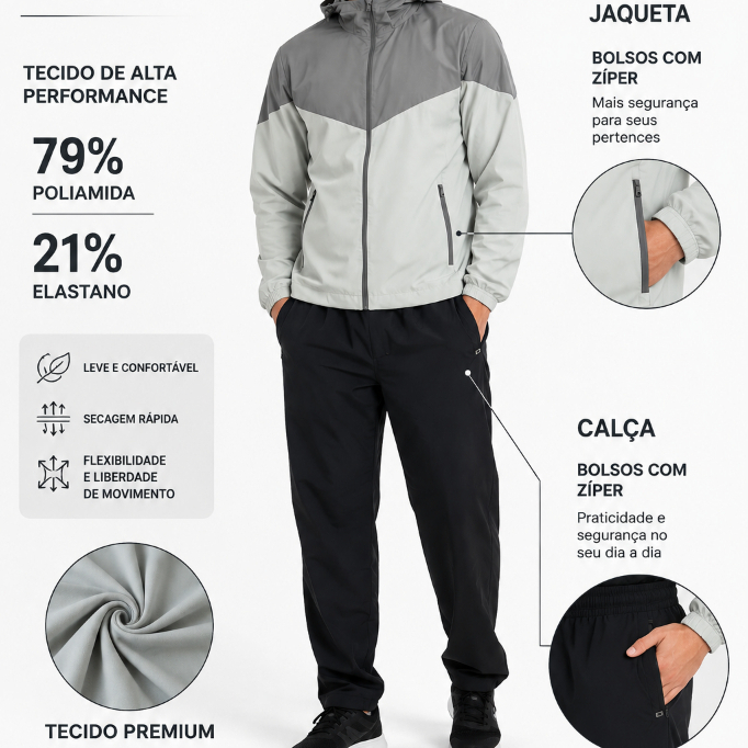 Conjunto Masculino Esportivo Poliamida e Elastano Treino Academia Leve Todo Preto Azul