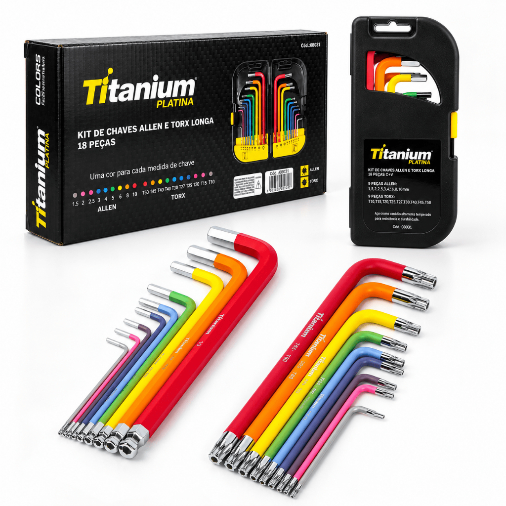 Jogo de Chaves Hexagonais e Torx Extra Longas em Cromo Vanádio – 18 Peças – Titanium Platina