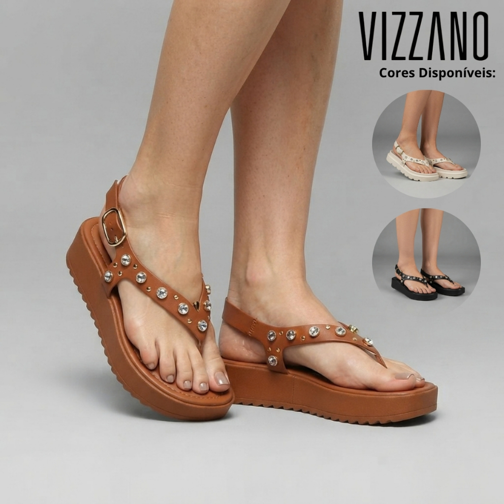 Sandália Feminina Vizzano Salto Plataforma Detalhe em Pedraria Strass Confortável Original