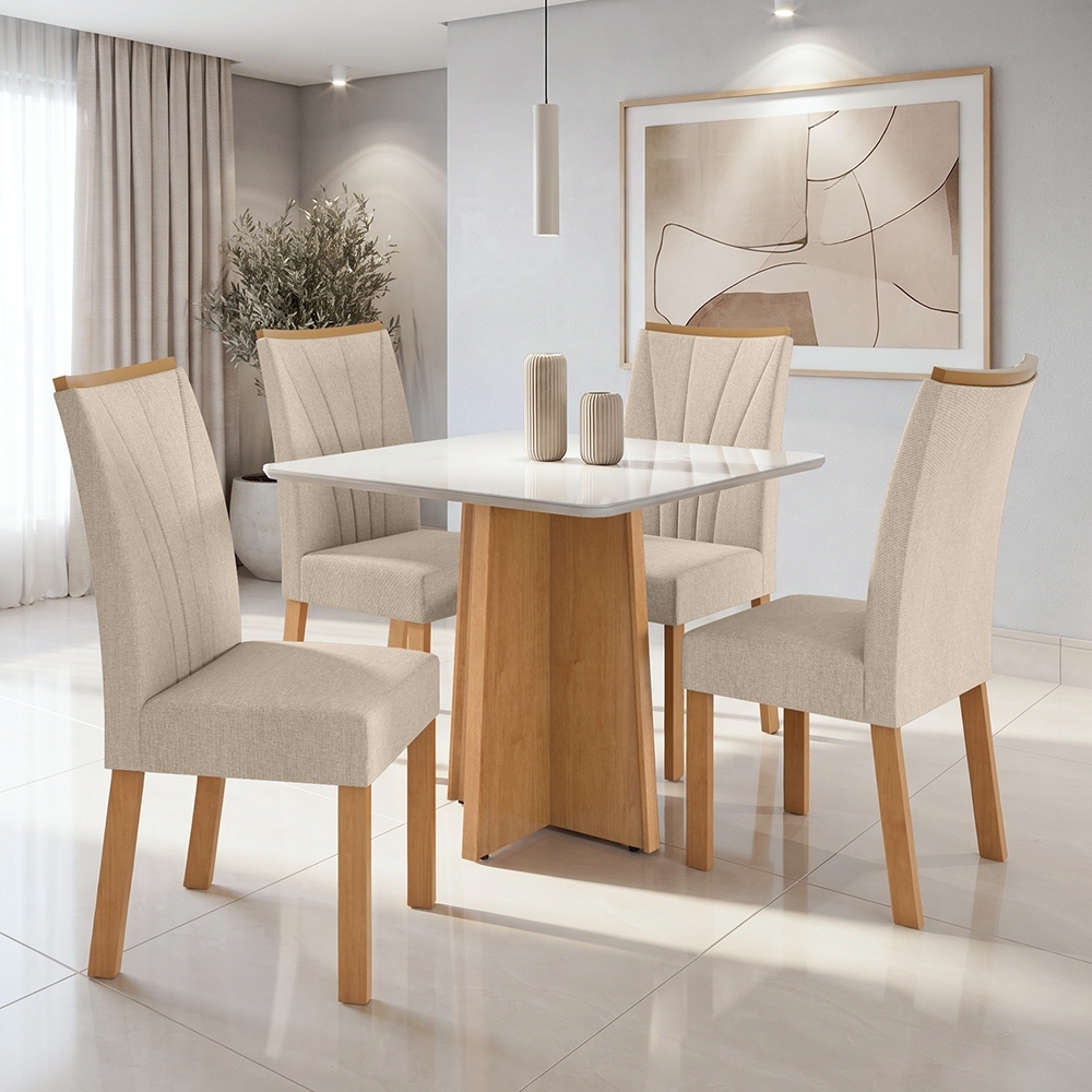 Conjunto Sala de Jantar Mesa Celebrare.90x90 Tampo Vidro/MDF com 4 Cad.Apogeu Linho Amendoa/off