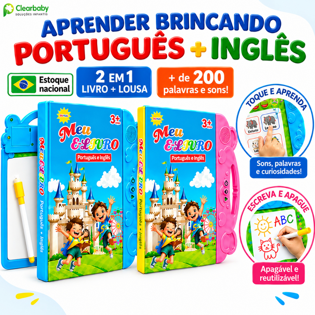 Livro Sonoro Interativo para Crianças Português e Inglês Livro Ilustrado Bilíngue  Brinquedo Educativo Sensível ao Toque