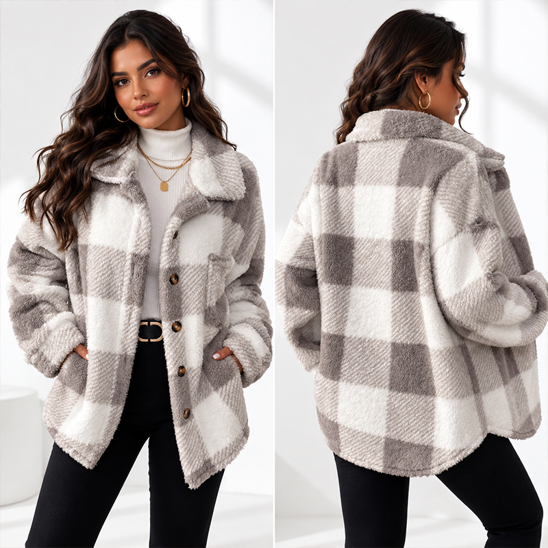 Casaco feminino de inverno em Camurça com Estampa xadrez Ideal para uso diário Casaco quente