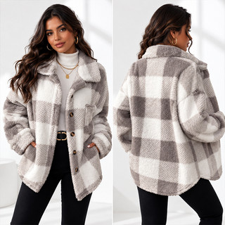 Casaco feminino de inverno em Camurça com Estampa xadrez Ideal para uso diário Casaco quente