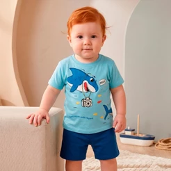 Conjunto Curto Infantil Verão Menino Tubarão Fotografo