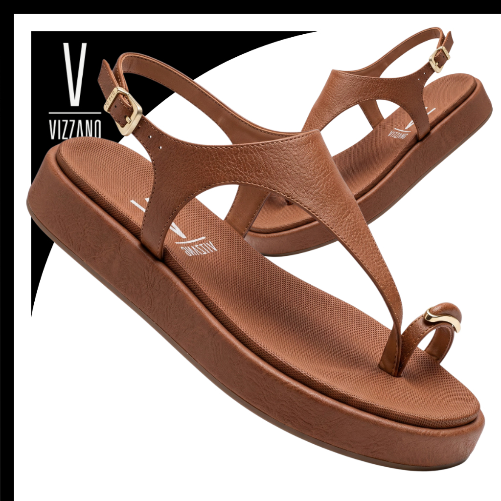 Sandália Papete Vizzano Flatform Marrom Mocca Tira Asa Delta Anel Dourado Fivela