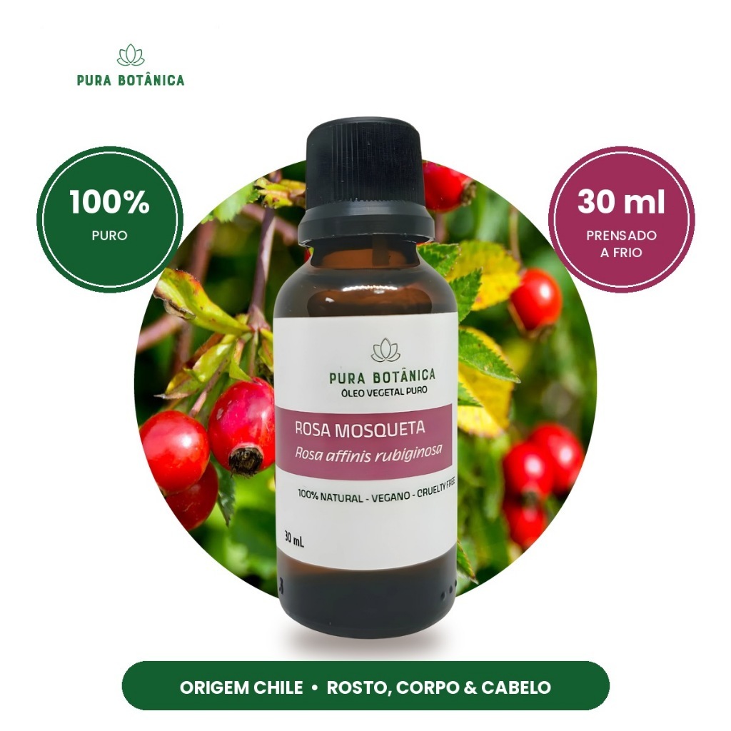 Óleo de Rosa Mosqueta Chilena 100% Puro 30ml Prensado a Frio Clareador de Manchas Estrias Cicatrizes Rosto e Corpo