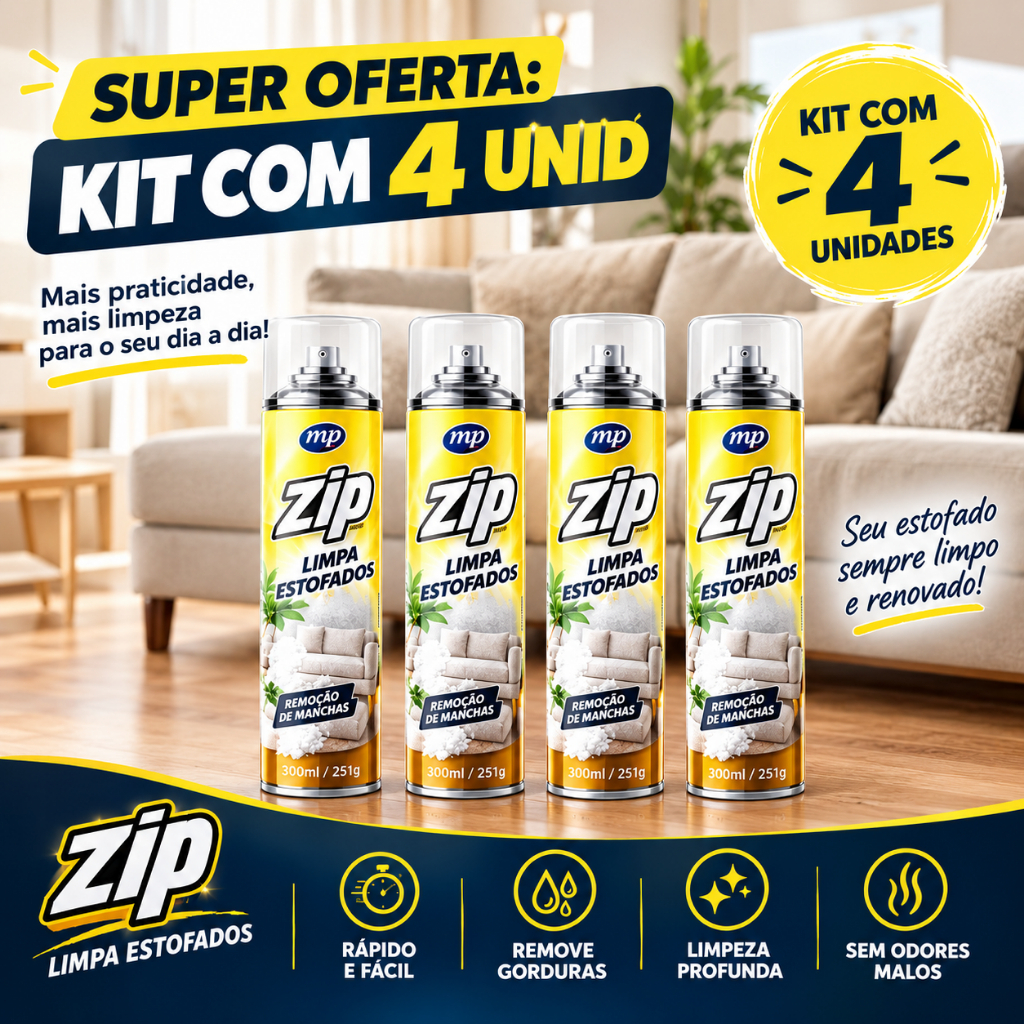 Kit 4 Limpa Estofado Espuma Spray 300ml ZIP LIMPADOR DE SOFÁ LIMPA ESTOFADO A SECO LIMPADOR MULTIUSO