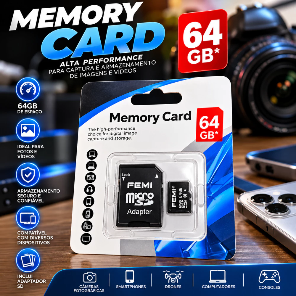 Cartão de memória micro SD 64gb, com adaptador memory card