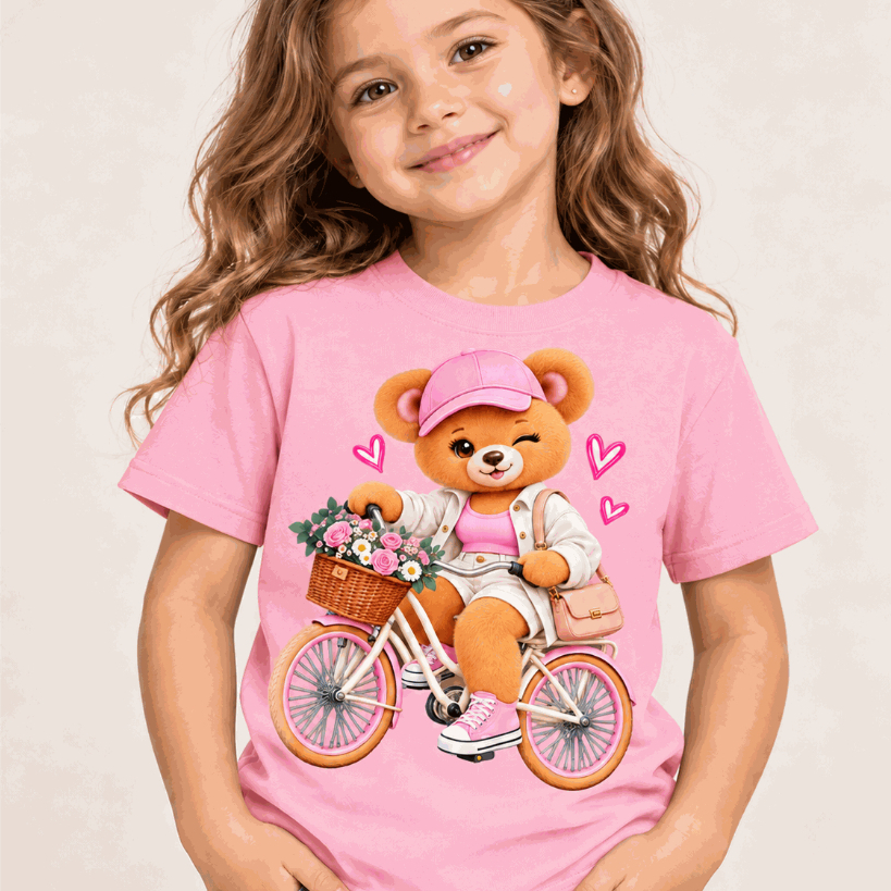 Camiseta Ursinha de Bicicleta Infantil Confortável e Estilosa 100% Algodao Envio Rapido