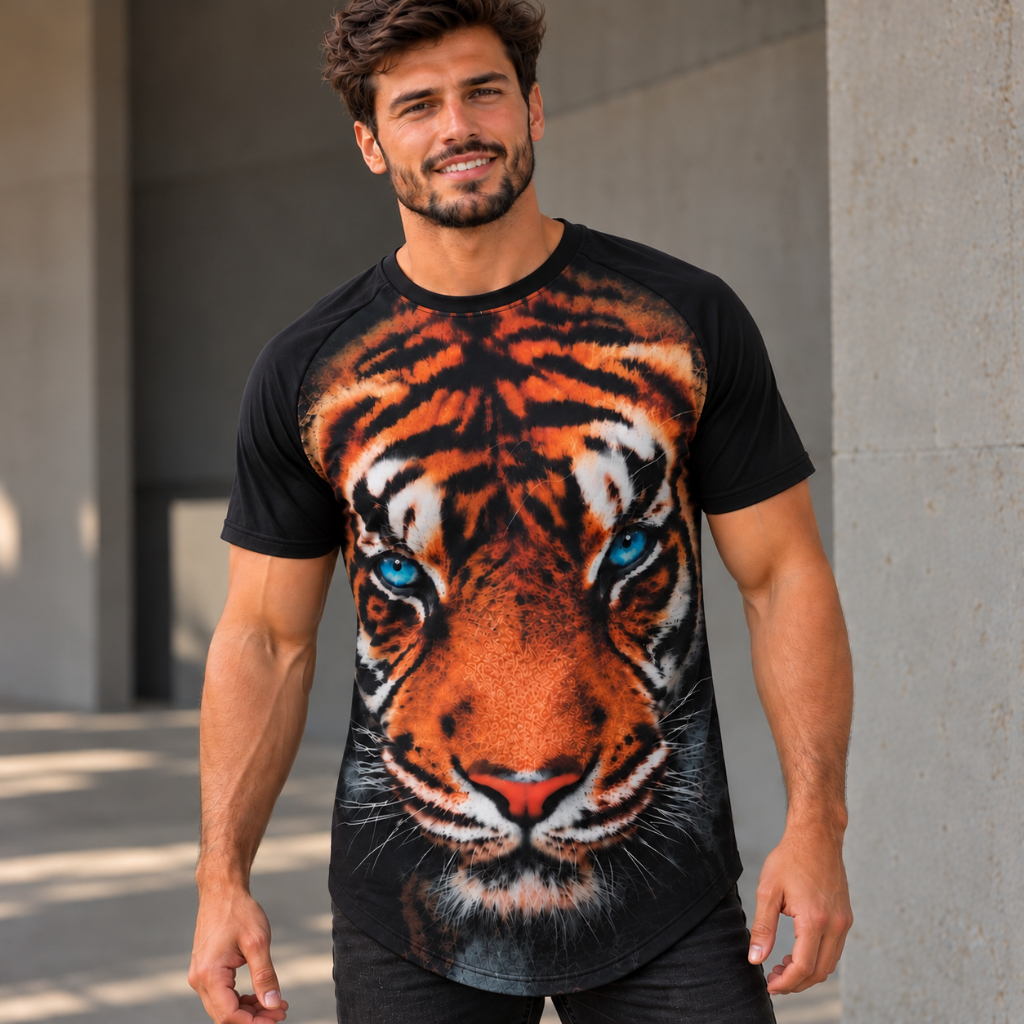Camiseta Longline Masculina Tigre Estampada Poliéster com Elastano Fitness Academia Casual