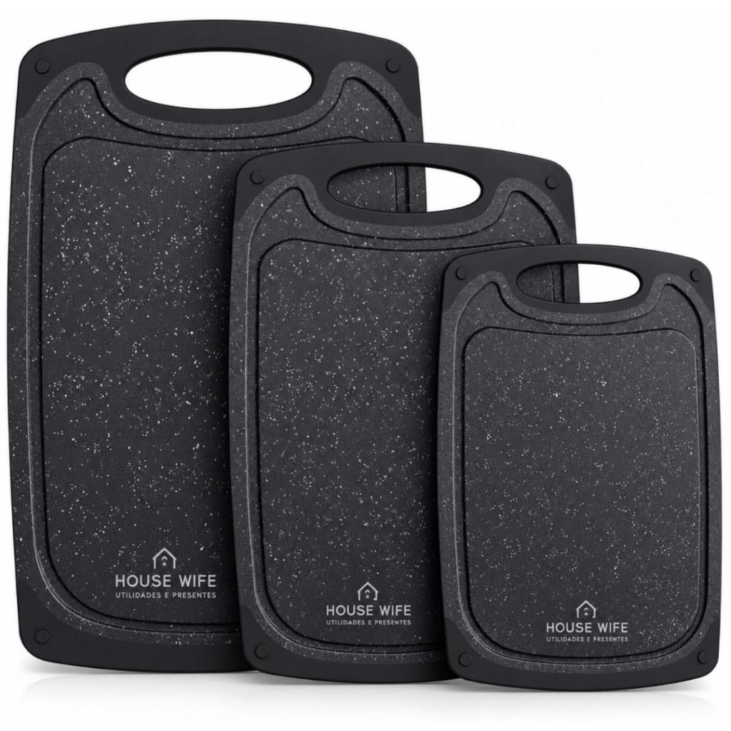 Kit 3 Tábuas de Corte Cozinha Profissional Carne Legumes Frutas Antiderrapante PP Preta