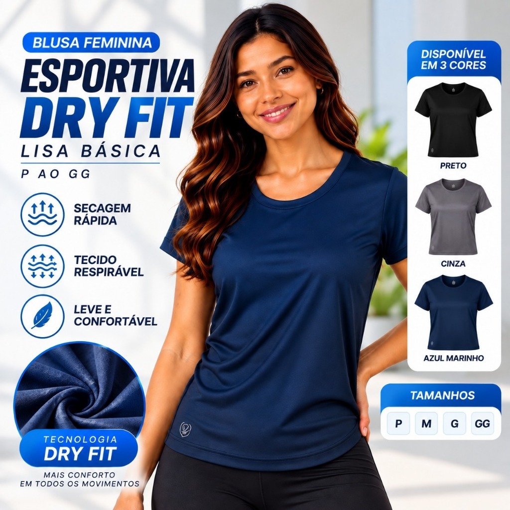 Blusa Feminina Esportiva Dry Fit Lisa Básica - P ao GG - 826