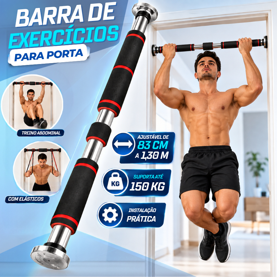 Barra Fixa de Porta Reforçada Ajustável 83cm a 1,30m Suporta Até 150kg para Musculação