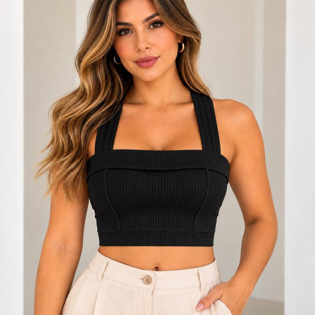 Cropped Feminino Poliéster Canelado Top Alça Larga Blusinha Casual Básica Moderna Confortável Elegante Versátil Moda Pre